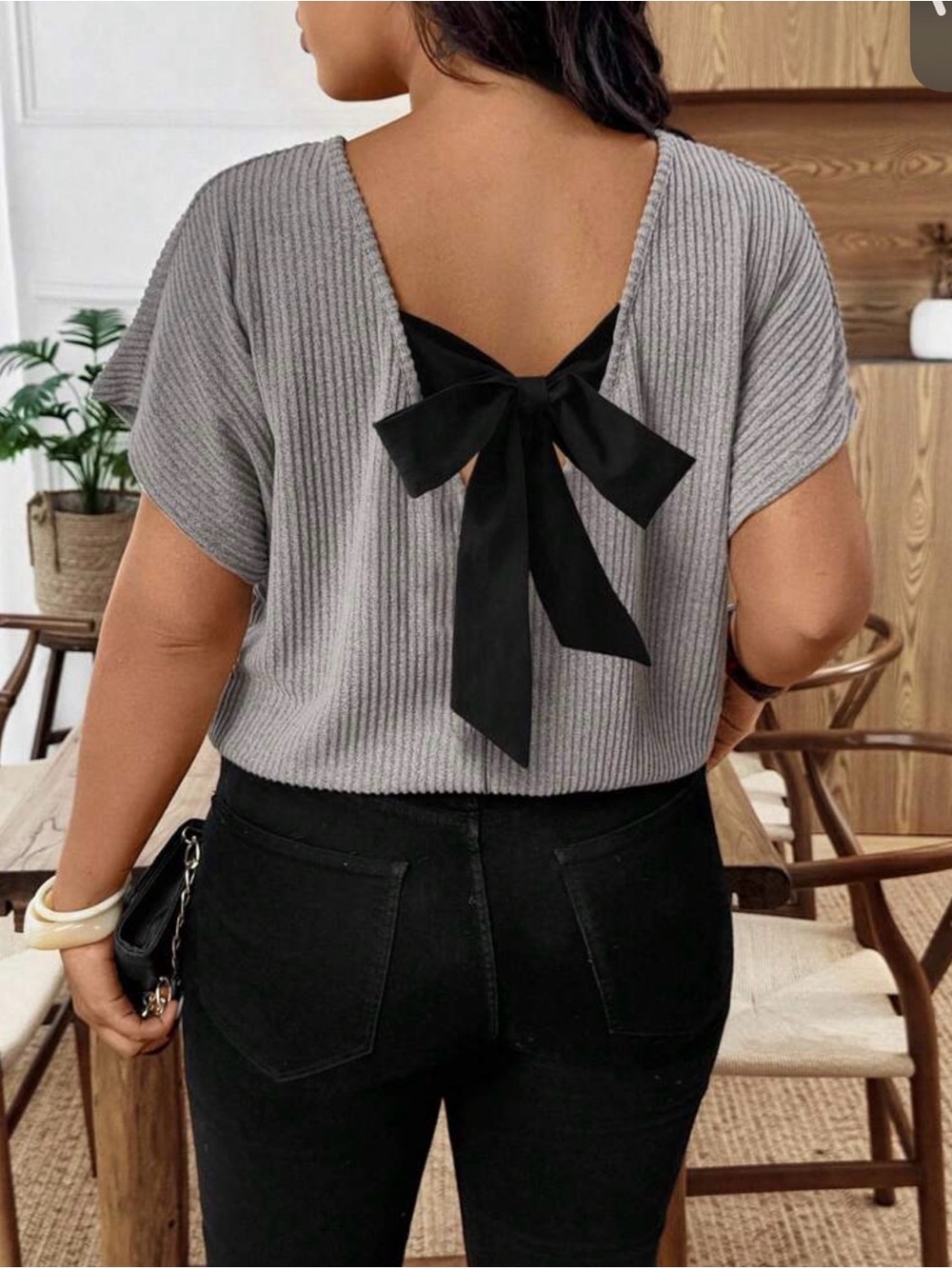 Grey Ribbed Back-Tie Short Sleeve Top